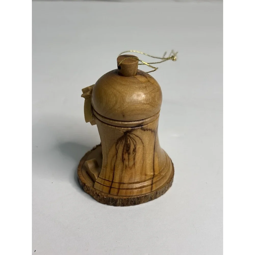 Handcrafted Wooden Christmas Ornament Bell W/ nativity scene 3.5